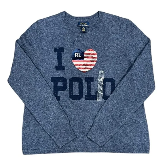 Polo Ralph Lauren Sweater Girls Blue I Heart USA flag Polo Pullover Size L 12-14 - Picture 1 of 11